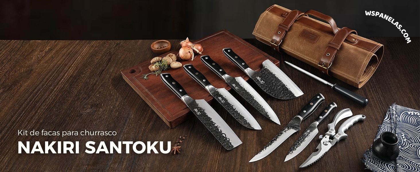 Kit de facas para churrasco Nakiri Santoku com bolsa de transporte e acessórios.